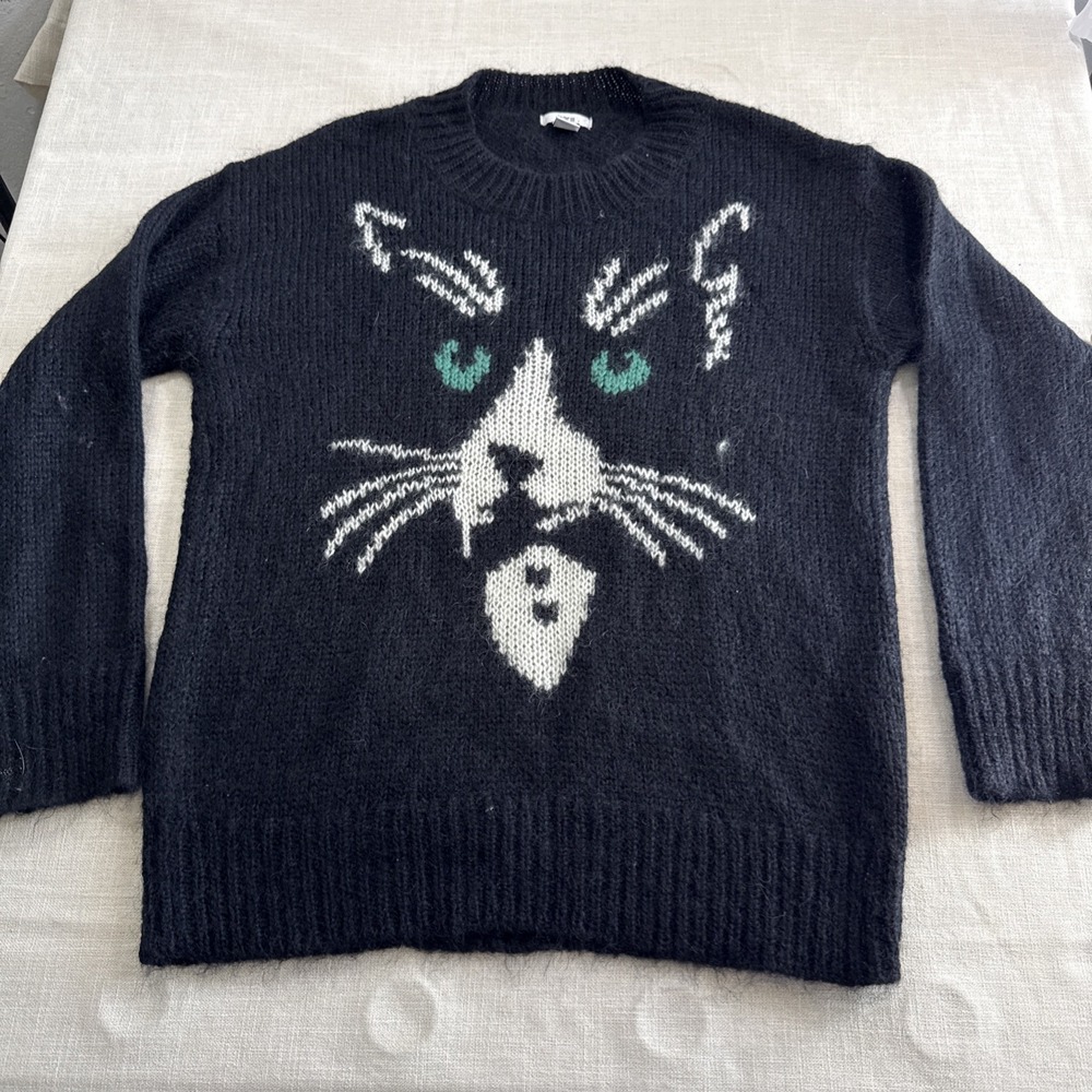 Bar III Tuxedo Cat Sweater‎ Womens L Black Whimsical Animal Graphics Cozy Chic - Picture 2 of 9